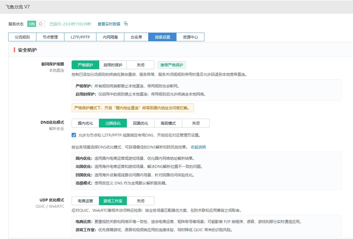 高级设置中的断网保护、DNS 优化和 UDP 优化